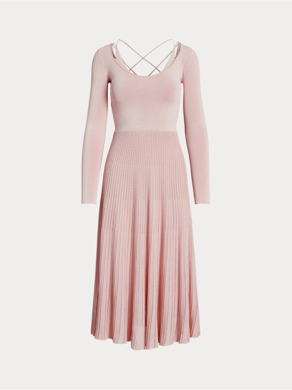 Ralph Lauren Blush Pink Long-Sleeve Knit Midi Dress with Crisscross Back